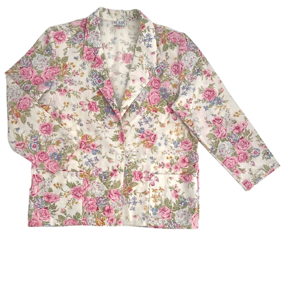 Vintage Blair 80s Floral Bouquet Cream Blazer Jacket Size 16 - Picture 5 of 12
